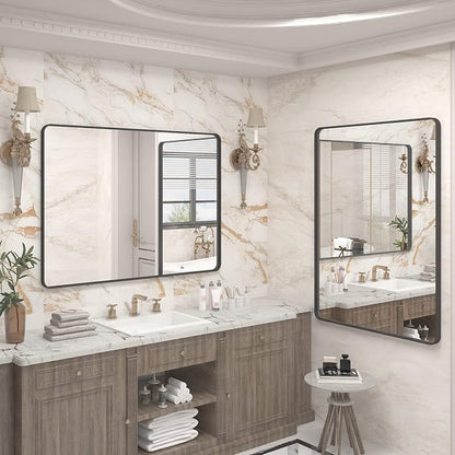 44x36 Inch Black Metal Framed Bathrrom Mirror for Wall | Black Matte Bathroom Vanity Mirror, Rounded Rectangle, Anti-Rust, Tempered Glass, Hangs Horizontally or Vertically