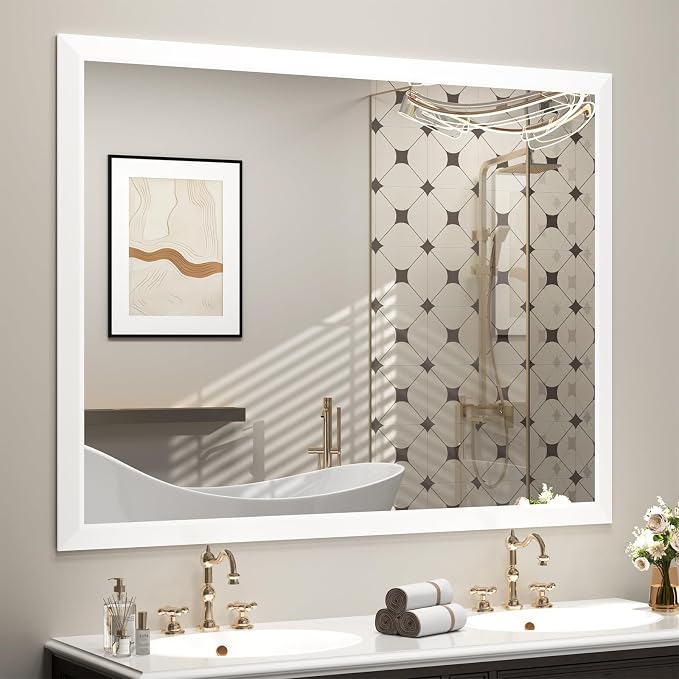 SMIROR 50x40 Matte White Bathroom Vanity Mirror for Over Sink | Metal Wide Frame, Rectangle, Right- Angle Corner, Anti-Rust, Horizontally or Vertically Wall- Mounted for Home Remodel