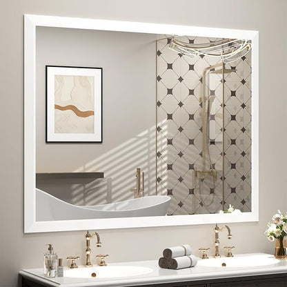SMIROR 50x40 Matte White Bathroom Vanity Mirror for Over Sink | Metal Wide Frame, Rectangle, Right- Angle Corner, Anti-Rust, Horizontally or Vertically Wall- Mounted for Home Remodel