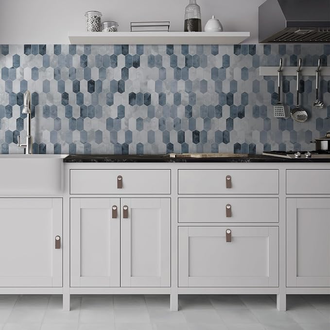 The Tiles Plaza 10-Sheet Peel and Stick Backsplash, 12" x 11.5" Blue Cement Long Hexagon Self-Adhesive Wall Tile, Stone Composite Stick On Decorative Mosaic Tile for Kitchen Bathroom Fireplace