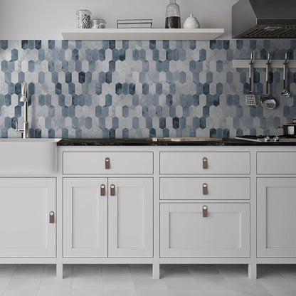 The Tiles Plaza 10-Sheet Peel and Stick Backsplash, 12" x 11.5" Blue Cement Long Hexagon Self-Adhesive Wall Tile, Stone Composite Stick On Decorative Mosaic Tile for Kitchen Bathroom Fireplace