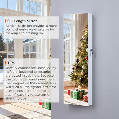 GISSAR Full Length Mirror Jewelry Cabinet, 6 LEDs Jewelry Armoire Wall Mounted Over The Door Hanging, Jewelry Organizer Display Storage Furniture with Lights Locker Mirrored Cabinet, 39.4" H, White