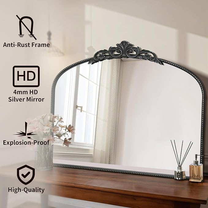 Micasso Vintage Black Arched Mirror: 36"x29" Baroque Antique Wall Mirror | Traditional Ornate French Decorative Wall Mirror for Bedroom/Bathroom/Entryway/Hallway/Dresser/Vanity/Mantel/Nightstand