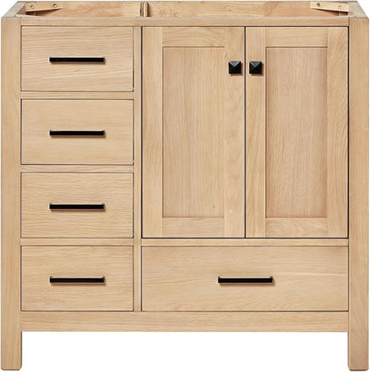 ARIEL Cambridge 36-inch Bathroom Vanity Base Cabinet,Solid Wood, 2 Soft Closing Doors, 5 Dovetail Drawers, White Oak