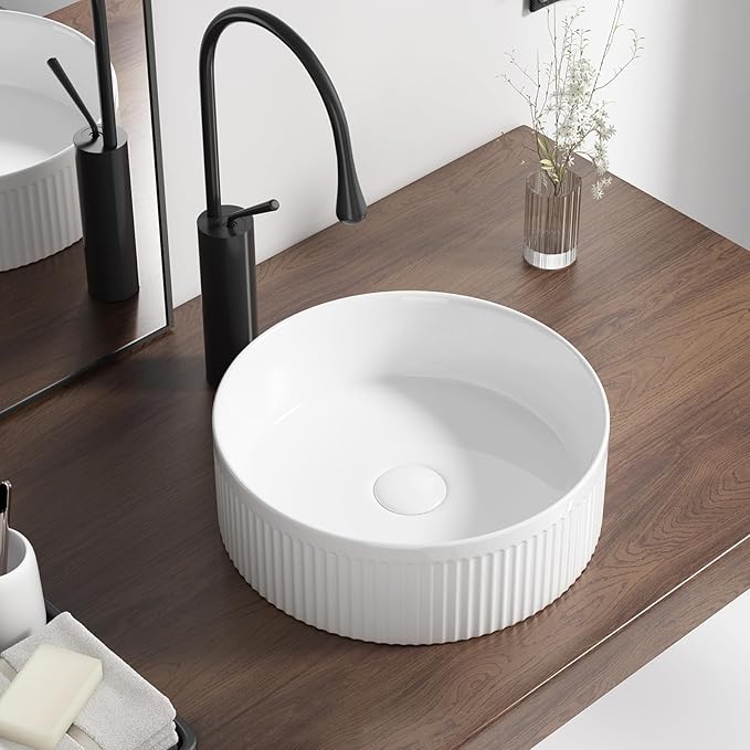 Round Vessel Sink 14 Inch Above Counter - White Ceramic Countertop Bathroom Sink, 14" x 14" Modern Vanity Art Basin Porcelain Hand Wash Basin