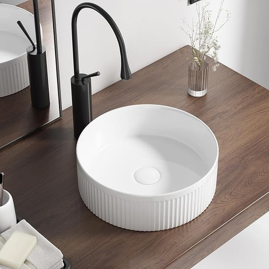 Round Vessel Sink 14 Inch Above Counter - White Ceramic Countertop Bathroom Sink, 14" x 14" Modern Vanity Art Basin Porcelain Hand Wash Basin