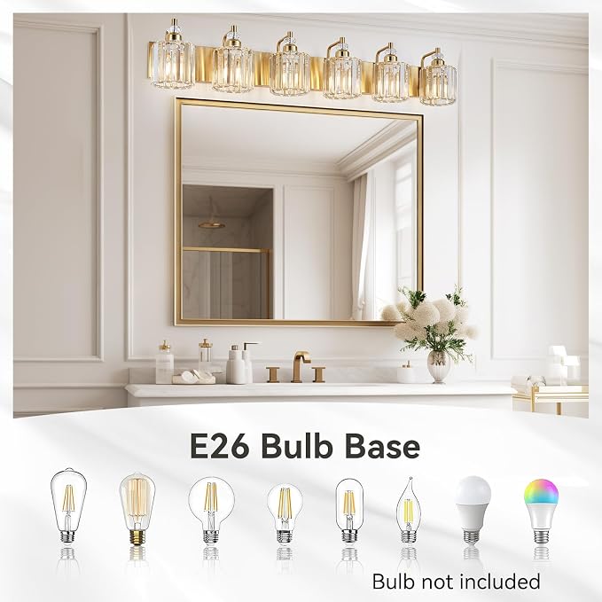 6-Light Modern Vanity Lights Brushed Brass Bathroom Light Fixtures Over Mirror Gold Bathroom Vanity Lighting with Crystal Shade E26 Base Wall Sconce for Bedroom Living Room Restroom Wall Lamp