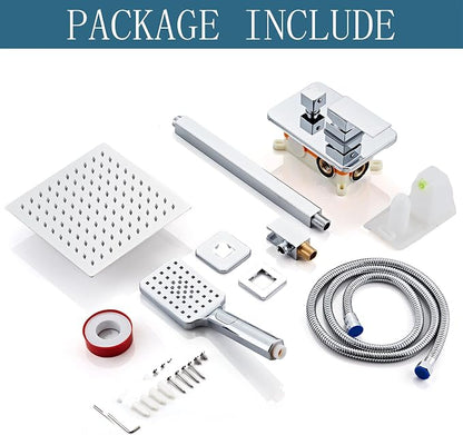 8 Inch Shower Faucet Set, Rainfall Shower System with High Pressure Handheld Shower Head, Bathroom Mixer Wall Mounted Shower Faucet Rough-in Valve and Trim Kit, Polish Chrome, with 3-Setting