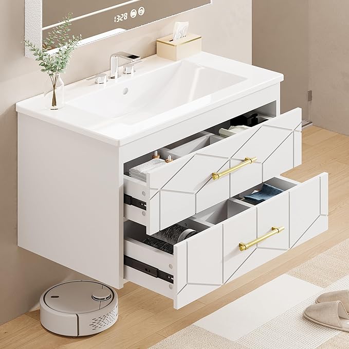 Garvee 24" Bathroom Vanity with Sink, Floating Bathroom Vanity with Ceramic Basin, 2 Large Storage Drawers with Gold Metal Handle, Modern Wall Mounted Bathroom Cabinet with Sink, White