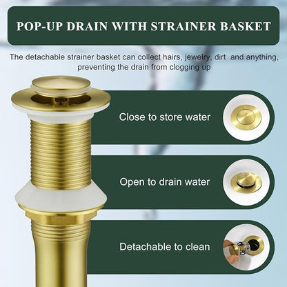TONNY Single Handle Gold Bathroom Sink Faucet | Tall Vanity Faucet with Deck Plate for 1 or 3 Holes, Stainless Steel, with Pop Up Drain for Vessel Sink Laundry Lavatory RV