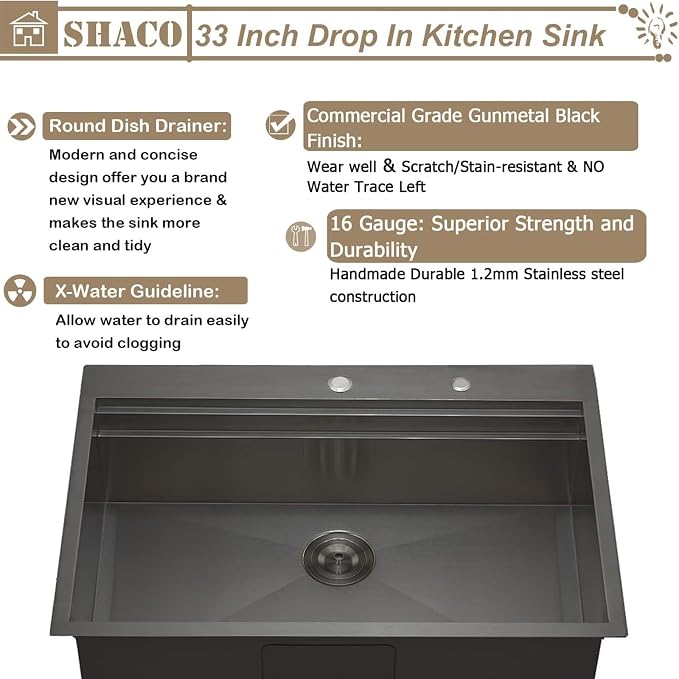 33x22 Black Drop In Kitchen Sink, 33 Inch Topmount Gunmetal Black Stainless Steel Single Bowl Overmount Double Ledges Workstation Sink with Accessories
