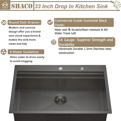 33x22 Black Drop In Kitchen Sink, 33 Inch Topmount Gunmetal Black Stainless Steel Single Bowl Overmount Double Ledges Workstation Sink with Accessories