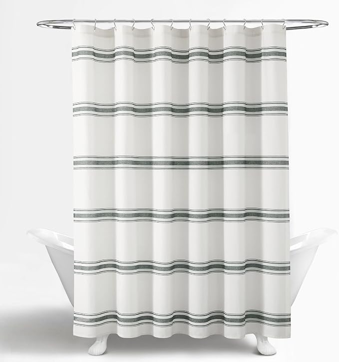 Lush Decor Farmhouse Stripe Cotton Shower Curtain, 72" W x 72" L, Dark Gray - Striped Bathroom Curtain - Fabric Shower Curtains - Farmhouse Bathroom Decor