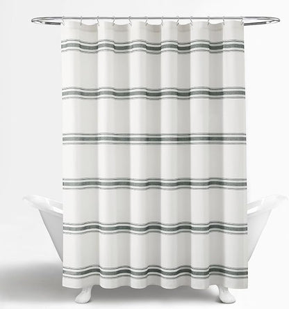 Lush Decor Farmhouse Stripe Cotton Shower Curtain, 72" W x 72" L, Dark Gray - Striped Bathroom Curtain - Fabric Shower Curtains - Farmhouse Bathroom Decor