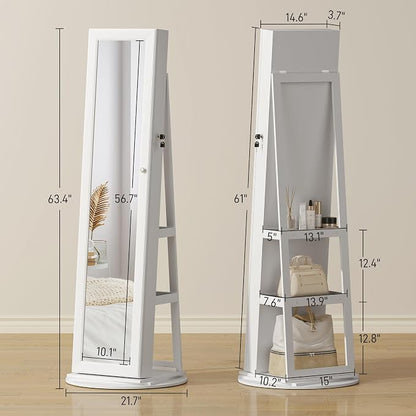 HOMCOM 360° Swivel Jewelry Cabinet Lockable with Full-Length Mirror White | Jewelry Armoire Organizer, Back Storage Shelves, Interior Small Mirror, Bedroom Living Room