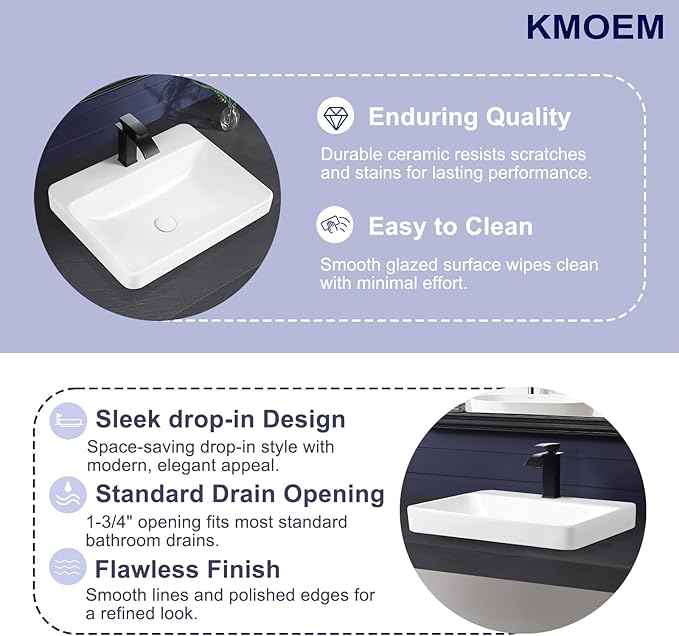 Vessel Sink 23"x18" Semi Recessed Bathroom Sink Drop-in White Bathroom Sink Porcelain Ceramic Modern Rectangular Sinks Drop-in Vanity Sinks with Overflow for Bathrooms