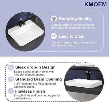 Vessel Sink 23"x18" Semi Recessed Bathroom Sink Drop-in White Bathroom Sink Porcelain Ceramic Modern Rectangular Sinks Drop-in Vanity Sinks with Overflow for Bathrooms