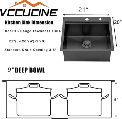 VCCUCINE 21x20 Inch Gunmetal Black Drop in Bar Sink Kitchen Sink Workstation,Topmount RV Small Kitchen Sink,16 Gauge Stainless Steel Wet Bar Sink,Outdoor Single Bowl,Prep Sink with Accessories