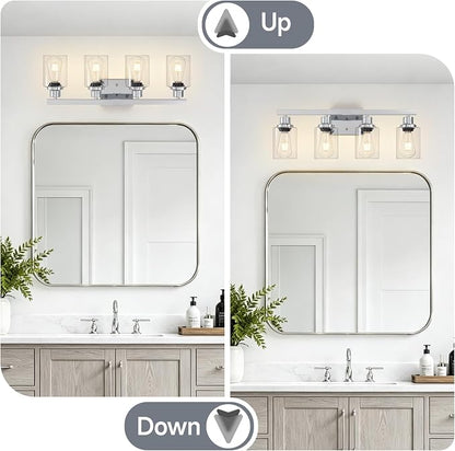 4-Light Chrome Vanity Lights,24" Bathroom Light Fixtures | Modern Polished Chrome Bathroom Lighting over Mirror with Clear Glass Shades,Farmhouse Bathroom Wall Sconece over Sink,E26