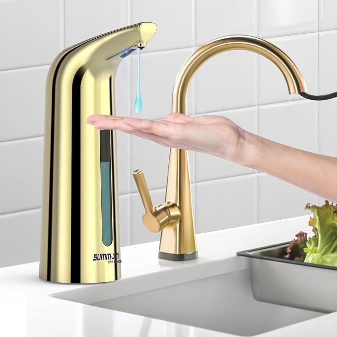 Automatic Liquid Soap Dispenser, 4-Level,13.5oz Touchless | Plastic,400ml Gold Electric Battery Operated Hand & Dish Countertop Soap Dispensers with Sensor for Bathroom,Kitchen Sink