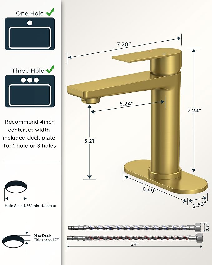 FORIOUS Gold Bathroom Faucet 1 Hole, Single Hole Brushed Gold Bathroom Faucet Single Handle with 1.2 GPM Water-Saving Aerator, Pop Up Drain and Hose, Modern Restroom Sink Tap with Deck Plate, Vanity