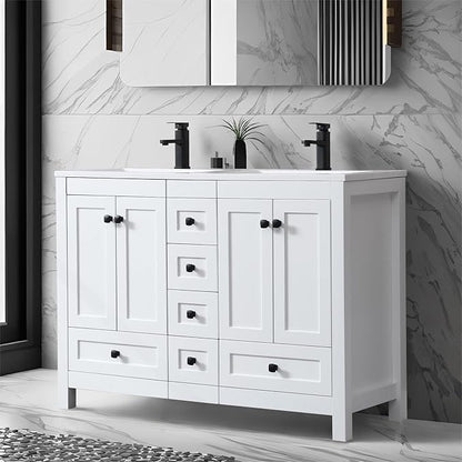 eclife 48" Bathroom Vanities with Sink Combo, Modern Thickened Wood Bathroom Storage Cabinet w/Undermount Double Sink, Matte Black Faucet Drain, Painted Surface, White