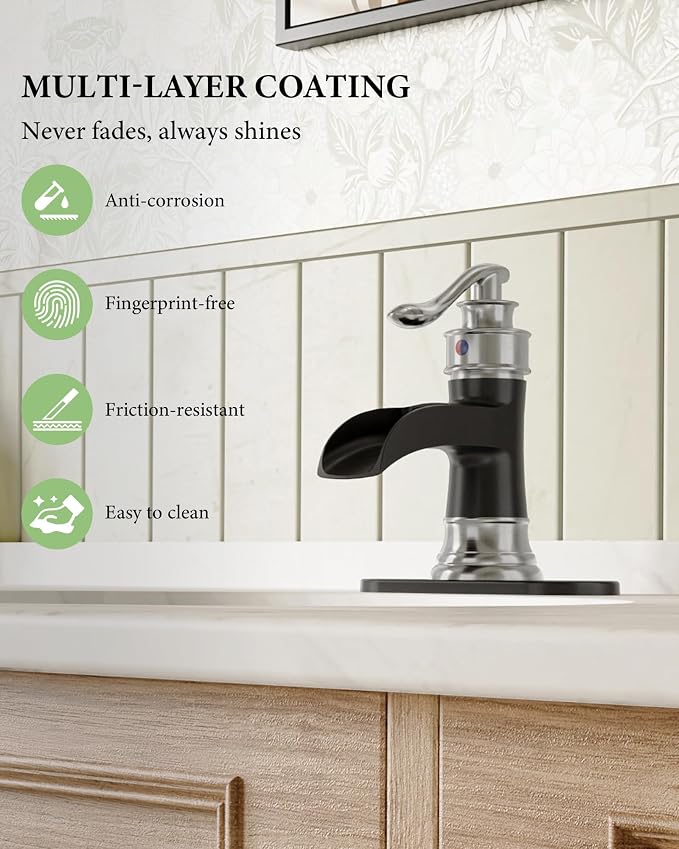 Bathroom Sink Faucet Waterfall Single Handle Matte Black and Brushed Nickel | Lavatory Vanity Basin Mixer Tap One Hole Lever Deck Mount Commercial Supply Line by Homevacious