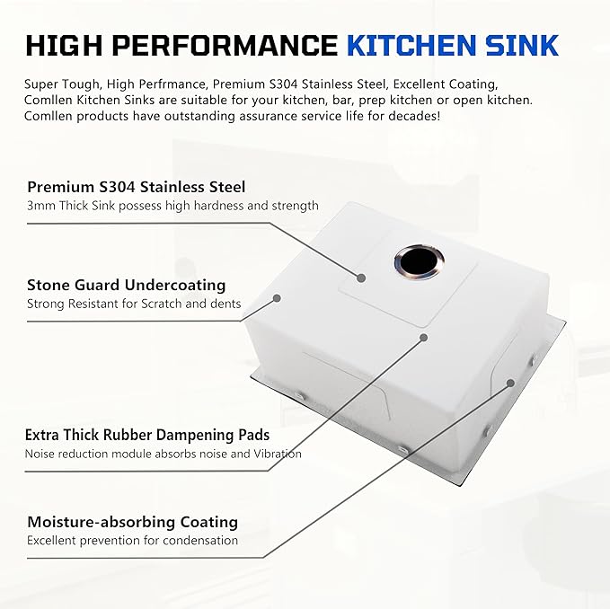 Comllen 22x18 Inch Black Kitchen Sink,Drop In 16 Gauge RV Small Kitchen Bar Sinks,Stainless Steel Topmount Outdoor Prep Single Bowl Workstation Wet Bar Sink