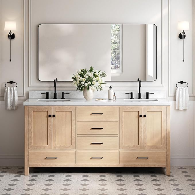 DKB Beckford 72" Oak Double Bathroom Vanity with Sink, 1.5" Edge Carrara White Marble Countertop, Rectangle Sinks, 4 Soft-Closing Doors, 6 Dovetail Drawers