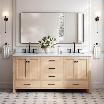 DKB Beckford 72" Oak Double Bathroom Vanity with Sink, 1.5" Edge Carrara White Marble Countertop, Rectangle Sinks, 4 Soft-Closing Doors, 6 Dovetail Drawers