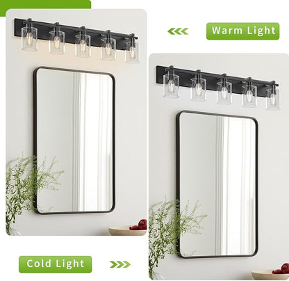 5-Light 37inch Black Vanity Light, Thickened Seeded Glass Shade | Over Mirror for Bathroom, Rust Resistant, E26 Base, Easy Install, Removable Glass Shade Horizontal Mount, Dimmable