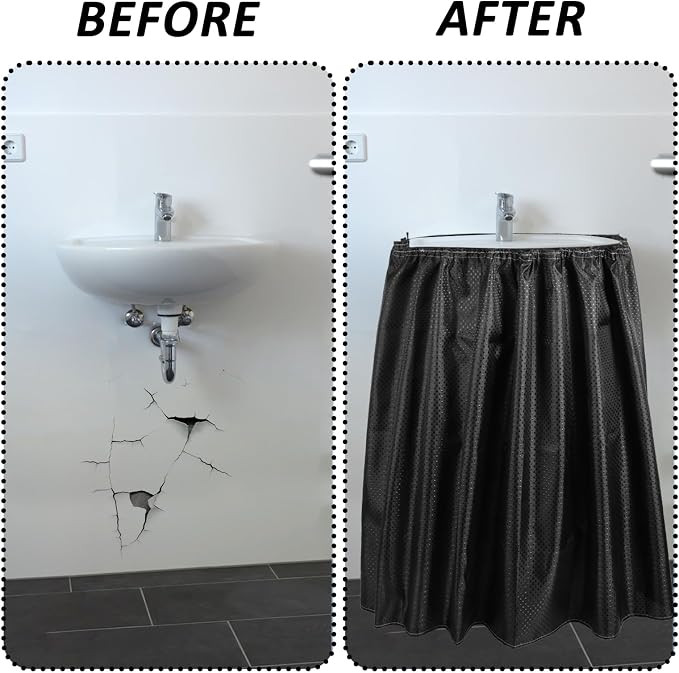 2 Pack Fabric Sink Skirt Diamond Bathroom Stitch Under Sink Skirt with Self Stick Adhesive Waterproof Fabric Under Sink Curtain Skirt for Extra Storage,Kitchen Sink Cover (Black,55 x 32Inch)