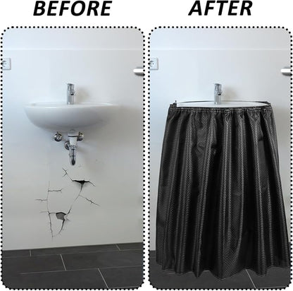 2 Pack Fabric Sink Skirt Diamond Bathroom Stitch Under Sink Skirt with Self Stick Adhesive Waterproof Fabric Under Sink Curtain Skirt for Extra Storage,Kitchen Sink Cover (Black,55 x 32Inch)