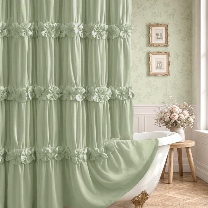 Ruffle Farmhouse Linen Shower Curtain with Vintage Bow Green 72" W x 72" H | Linen Blend Fabric, Ruffle Bow and Ruffled Hem，Linen Texture，Machine Washable，12 Metal Holes and Plastic Hooks