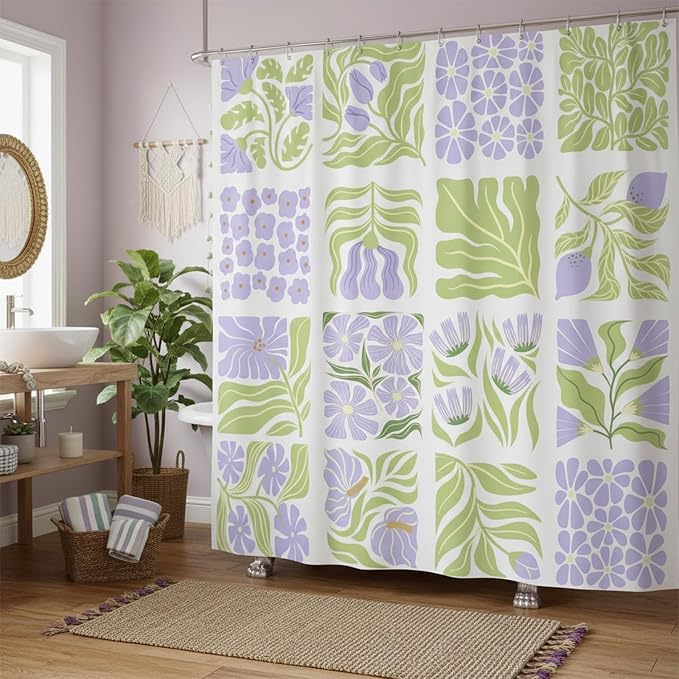 JAWO Cute Boho Floral Shower Curtain, Purple Green Abstract Floral Retro Aesthetic Shower Curtain for Bathroom, Funky Unique Waterproof Fabric Polyester Bath Curtains Decor with Hooks,70Wx70H