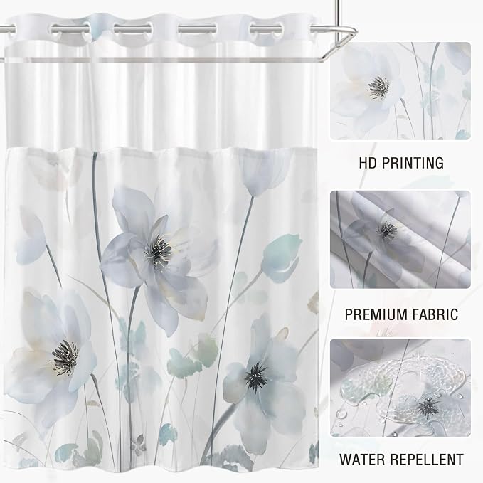 No Hook Shower Curtain and Liner Set, Light Blue Boho Floral 71x77 | Watercolor Boho Flower, with Snap in Liner, Mesh Top Window, Waterproof, Machine Washable, Quick-Drying, for Hotel Bathroom
