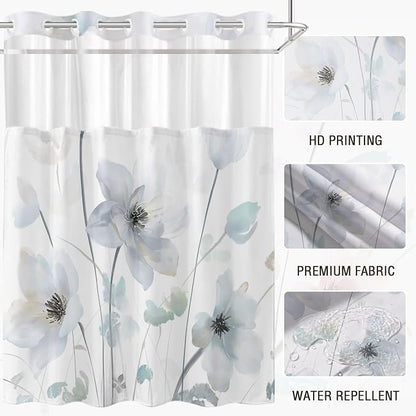 No Hook Shower Curtain and Liner Set, Light Blue Boho Floral 71x84 | Watercolor Boho Flower, with Snap in Liner, Mesh Top Window, Waterproof, Machine Washable, Quick-Drying, for Hotel Bathroom