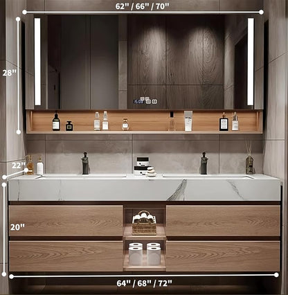 Double Sink Bathroom Vanities, 68IN Bathroom Vanity Cabinet Include LED Smart Defogging Mirror and Open Shelf, Solid Wood Bathroom Sink Vanity with Integrated Sink and Drawers Storage (Wood)