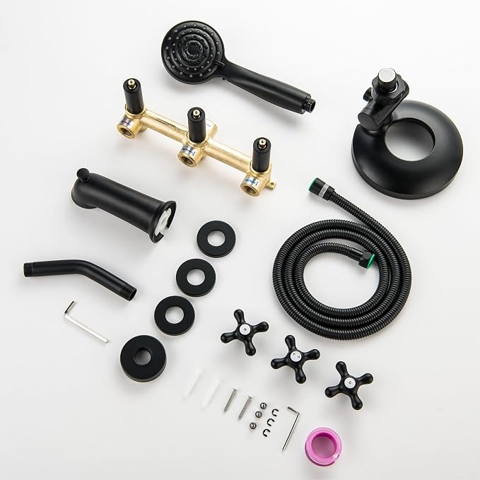 3 Handles Tub and Shower Faucet Set Matte Black 2-in-1 Dual Shower Bathtub Shower Faucets Combo Three Knod Tub and Shower Trim Kit Shower System Complete