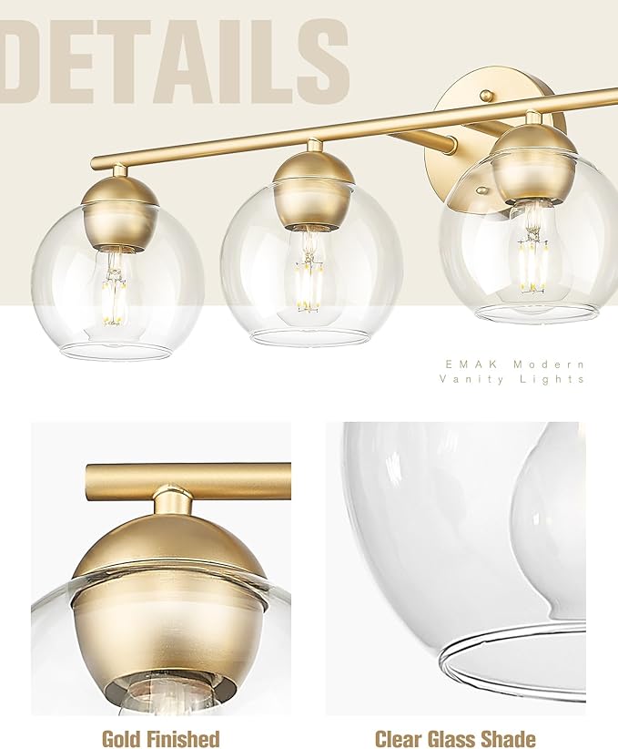 Emak Gold Vanity Lights, Modern Globe Bathroom Light Fixtures, 29 Inch 4-Light Bathroom Vanity Light with Clear Glass Shade for Bath, VL114-GD-4