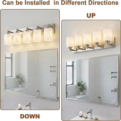5-Light Bathroom Light Fixture, Brushed Nickel Modern Vanity Light with White Marble Glass Shade, for Bathroom Mirror, Living Room, Bedroom, Hallway, E26 Base, Extended Base
