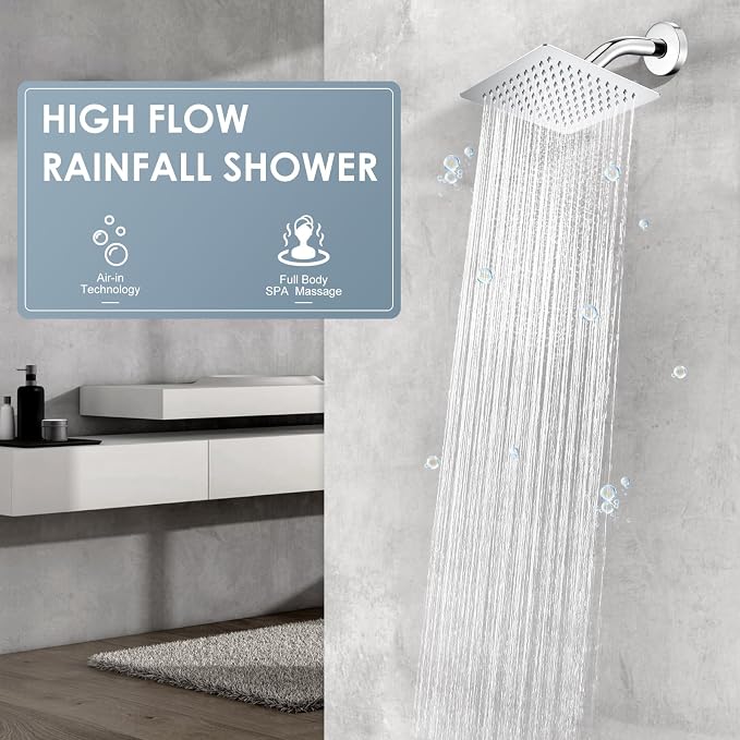 8 Inch Rain Shower Head Chrome Polished - All Metal Stainless Steel 304, Ultra Thin Design, Square Rainfall Showerheads Modern Bathroom - Full Body Coverage Bath Shower