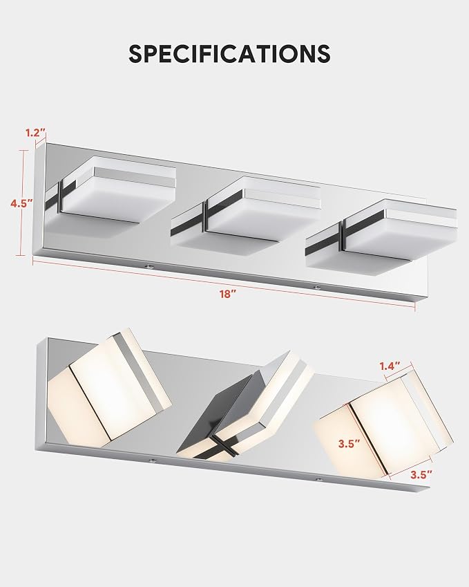 VONLUCE LED Modern Bathroom Vanity Light Fixture, Chrome | 18'', 3-Light, 3CCT, 360° Rotate, High CRI, Flicker-free, Dimmable, Memory Function, Waterproof IP44, Easy Installation
