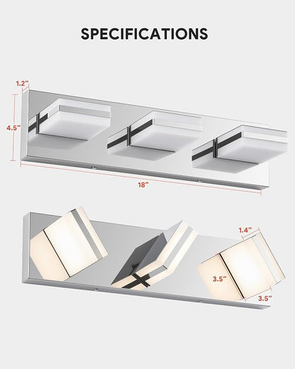 VONLUCE LED Modern Bathroom Vanity Light Fixture, Chrome | 18'', 3-Light, 3CCT, 360° Rotate, High CRI, Flicker-free, Dimmable, Memory Function, Waterproof IP44, Easy Installation