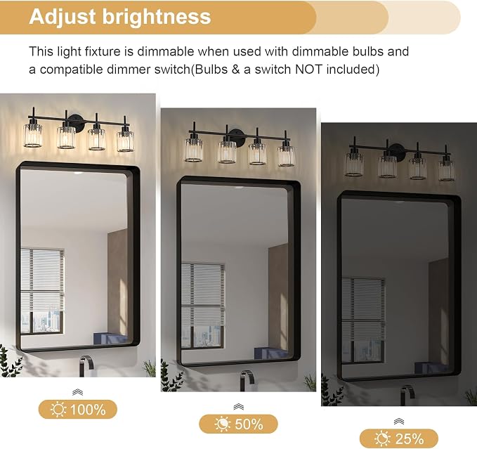 Black Bathroom Light Fixtures, Round, 4-Light | Vanity Lights with Crystal Shades, Modern Bathroom Lighting Fixtures over Mirror (Bulbs Not Included, E26)