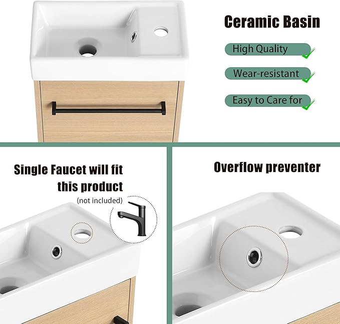 16" Bathroom Vanity with Sink, 16 Inch Floating Bathroom Vanity for Small Space, Single Sink Bathroom Vanity Combo, Modern Bathroom Vanity, Brown Wall Mounted Cabinet Set