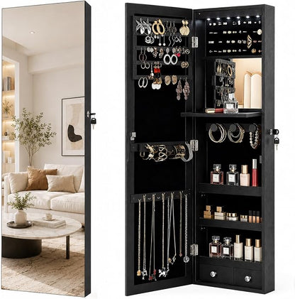 Lockable Jewelry Cabinet Organizer with Full Length Mirror, 6 Auto LED Lights, Wall & Over Door Mount Jewelry Armoire with Earring Slots, Necklace Hooks, Foldable Makeup Shelf