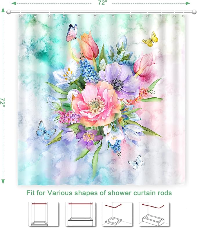 Floral Shower Curtain, Watercolor Flowers Shower Curtain Summer Blooming Flowers Painting Shower Curtain Sets Waterproof Polyester Fabric Machine Washable Home Farmhouse Decor Bath Curtain