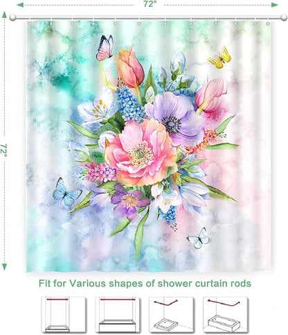 Floral Shower Curtain, Watercolor Flowers Shower Curtain Summer Blooming Flowers Painting Shower Curtain Sets Waterproof Polyester Fabric Machine Washable Home Farmhouse Decor Bath Curtain