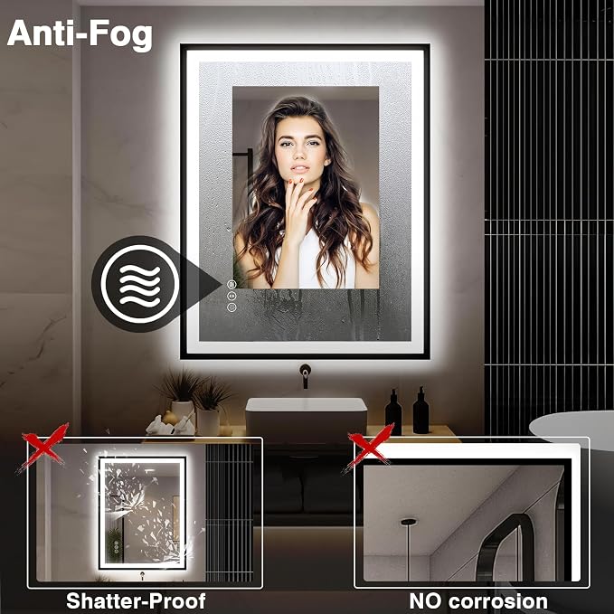 EchosLife 30x36 LED Bathroom Mirror with Lights - Black Framed | Black Frame, Front and Backlit, Anti-Fog, Stepless Dimmable, 3 Colors, Memory, Tempered Glass, UL Listed, Horizontal/Vertical